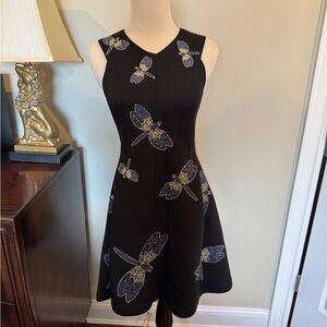 sass & bide Black Midi Dress with Blue and Gold Dragonfly Embellishments